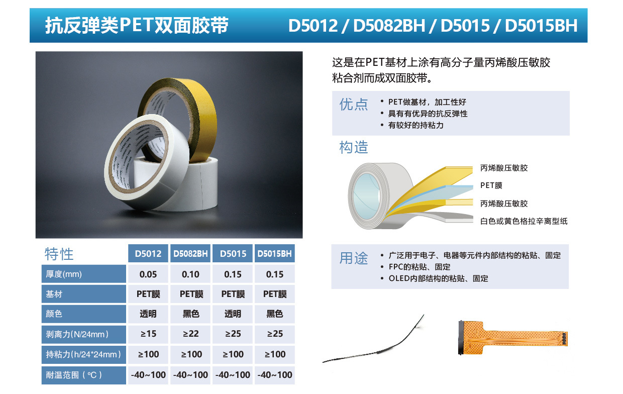 抗反弹类PET双面胶带 D5012/ D5082BH/ D5015/ D5015BH